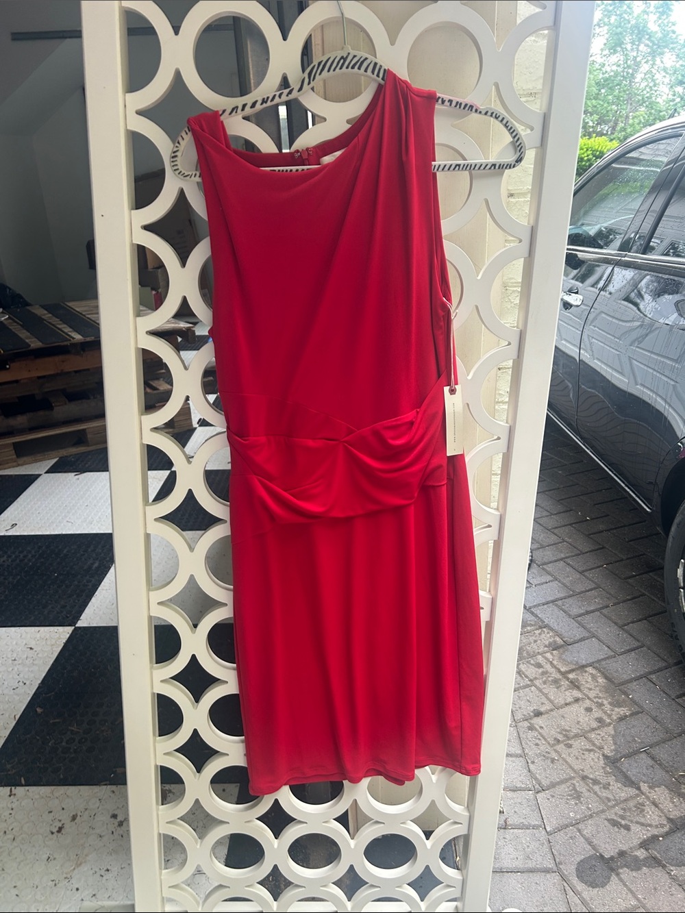 Sleeveless Red Midi Dress with Draped Waist Detail